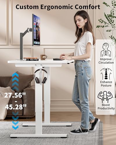Image of Okin Small Electric Standing Desk, 36 inch x 24 inch Whole Piece Height Adjustable Desk, White Sit to Stand Computer Workstation with Wheels for Home Office