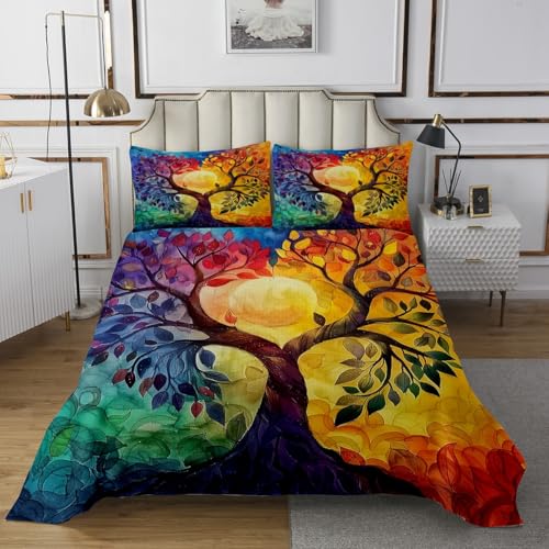 Castle Fairy Tree of Life Bedspread Twin Size Bedding for Kids Teens Bedroom Tree Branch Leaves Decor Coverlet Set Oil Painting Aesthetic Quilt Set for All Season,2 Pcs with 1 Pillowcase