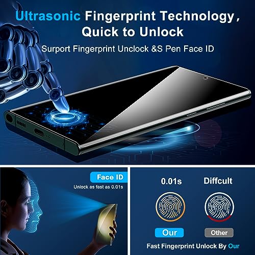 Image of [2+2 Pack] Galaxy S23 Ultra Privacy Screen Protector, 9H Tempered Glass, Ultrasonic Fingerprint Support, 3D Curved, HD Clear Anti-Spy Film for Samsung S23 Ultra 5G Glass Screen Protector
