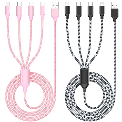 Multi Charging Cable 4ft 2Pack, 4 in 1 Charging Cable Nylon Braided Lightning iPhone Charger,Universal Charger Phone Cord with Type-C,Micro USB,IP Port for iPhone17-5/Android -BlackGrey/Rose