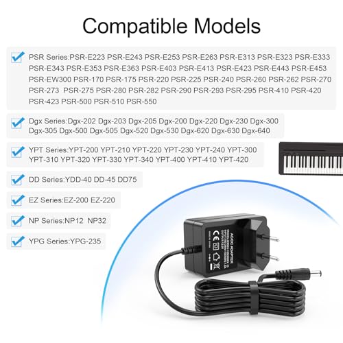 für Yamaha Keyboard Netzteil, 12V 2A Netzteil Kompatibel mit PSR DGX YPG YPT DD EZ P Digitalpiano, PA130 PA150 YPG-235 YPT-230 YPT-400 12V DC DC-Netzkabel
