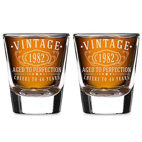 2pk Vintage 1982 Etched 2oz Shot Glasses - 40th Birthday Gift Aged to Perfection - 40 years old Anniversary 2pk Vintage 1982 Etched 2oz Shot Glasses - 40th Birthday Gift Aged to Perfection - 40 years old Anniversary