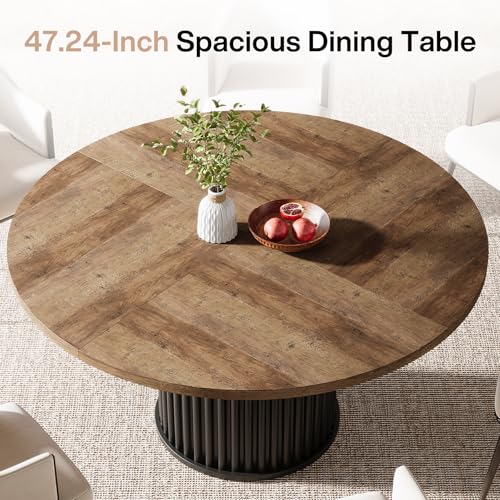 Image of Tribesigns 47.24-Inch Black Round Dining Table for 4-6 People, Modern Fluted MDF + Metal Base Kitchen Table, Sturdy Circle Dining Room Furniture, Brown + Black