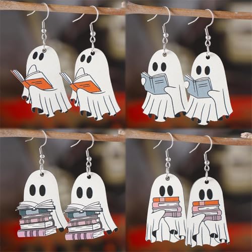 Halloween Ghost Earrings Wooden Reading Books Cartoon Ghost Dangle Drop Earring for Women Jewelry2