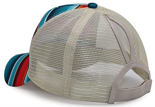 Ponytail Baseball Cap For Womens, Adjustable Vintage Trucker Washed Denim Dad Hat, Distressed High Mesh Messy Bun Velcro Ponycap (F-Colorful Stripe, One Size) #TOP3