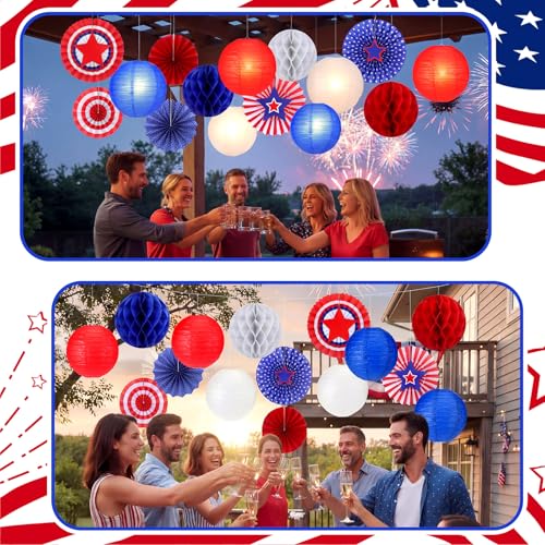 Image of Retisee 18 Pcs 4th of July Party Decorations Patriotic Independence Day Hanging Decorations Paper Lanterns Red White Blue 250th Anniversary Fan Honeycomb for Memorial Day Veterans Party Ornament