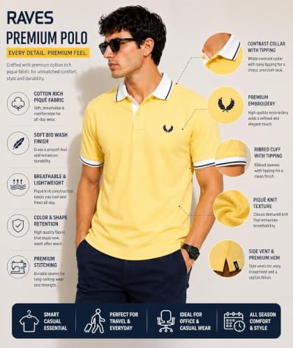 Image of Mens Pique Polo T-Shirt | Cotton Rich, Smart Fit Polo with Embroidered Logo | Casual & Sports Wear | Polo T-Shirt for Men