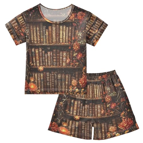 ALAZA Bookworm Bookshelf Floral Pajamas Set Short Sleeve Cotton Sleepwear Summer Pjs 2 Piece 5-14Y