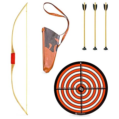 mankitoys Kinder Pfeil & Bogen Set - Holz-Bogen, Köcher, Saugnapf-Pfeile & Zielscheibe - Bogenschießen Spielzeug - Kostüm-Zubehör - Kinder ab 4-5 Jahren Cover