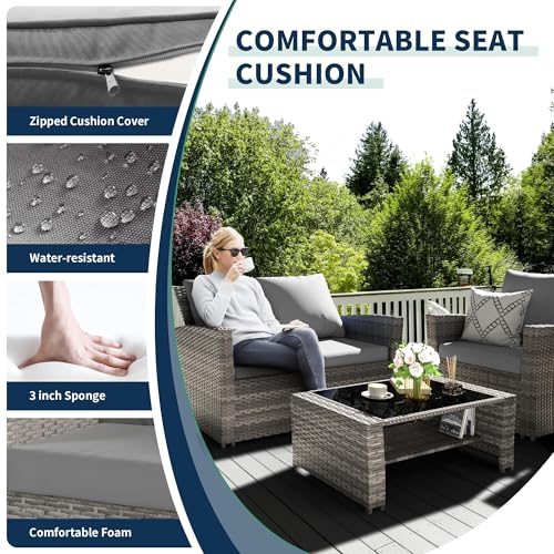 VONZOY 4-Piece Grey Waterproof PE Wicker Outdoor Sectional Sofa Set with Grey Cushions,All-Weather Patio Furniture for Balcony, Porch, Garden - UV-Resistant & Space-Saving Design - Image 4