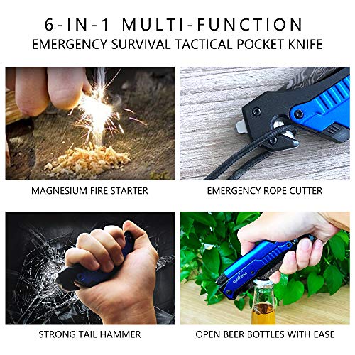 Image of ALBATROSS 6-in-1 Modern Damascus Steel Folding Pocket Knives with LED Light,Seatbelt Cutter,Glass Breaker,Magnesium Fire Starter,Bottle Opener;Multi-Function Emergency Tool(Blue-da)
