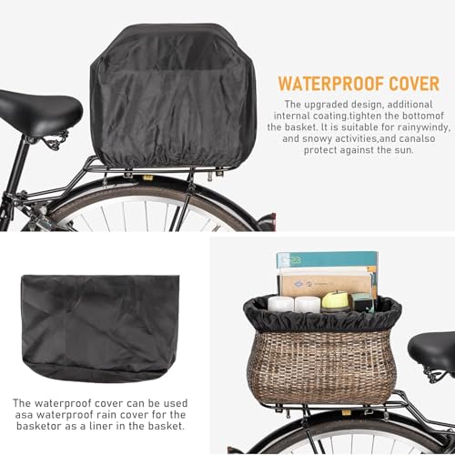 KONG MING CAR Fahrradkorb – Handgefertigter Rattan Fahrradkorb Hinten, großer & Abnehmbarer Gepäckträger Korb mit wasserdichter Abdeckung, Retro-Design für Damen, E-Bikes & Adult Bikes