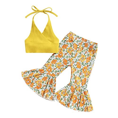 Image of Ursobutegl Toddler Baby Girl Boho Outfits Floral Sleeveless Halter Crop Top Bell Bottom Pants Summer Clothes Set