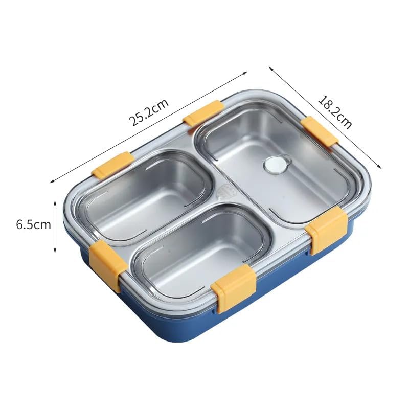 Image of MOMITTLE Lunch Box 3 Compartment Leak-Proof BPA Free Stainless Steel, Lunch Box for Kids, Lunch Box for School & Office with a Fork, a Spoon and a Pair of Chopsticks (Blue), 750 ml