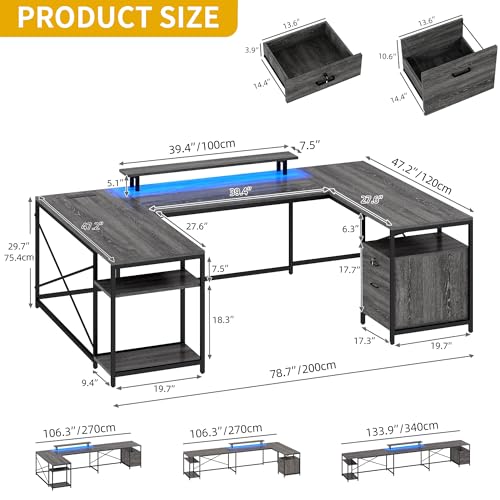 DWVO U Shaped Desk with Drawers, 79' Reversible L Shaped Desk with Power Outlets & LED Lights, Corner Computer Desk with Monitor Stand & Storage Shelves, Grey