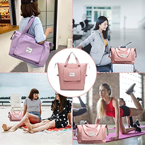 Image of HAKKU Large Capacity Folding Travel Tote Bag, Oxford Fabric Waterproof Lightweight Foldable Travel Duffel Bag Portable Expandable Travel Bag, Dry and Wet Carry On Bag (Modern, Peach)