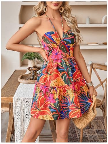 Image of Floerns Women's Floral Sleeveless Halter Dress Milkmaid Flare Hem Boho Mini Dress
