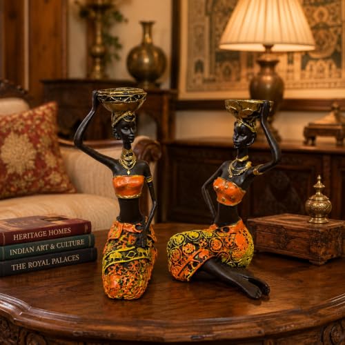 Image of Vibrant Beautiful Finish Uniquely Hand Crafted Home Decor African Tribal Women Art Piece (Sitting African Lady Set of 2)