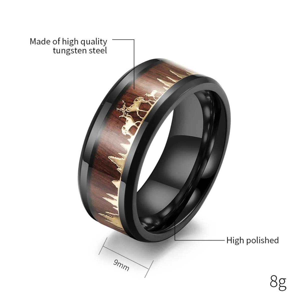 Mode 8mm Männer Schwarz Wolfram Wild Leben Jagd Ring Koa Holz Inlay Hirsch Familie Silhouette Stahl Ring Männer Ehering