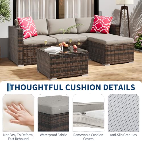 Image of GAOMON 5 Pieces Patio Furniture Sets All Weather Outdoor Sectional Patio Sofa Manual Weaving Wicker Rattan Patio Seating Sofas with Cushion and Glass Table