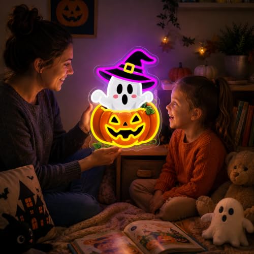 Image of Halloween Neon Sign, Dimmable Cute Ghost Pumpkin LED Lights for Wall Decor | Spooky Ghost Pumpkin Neon Light Sign for Bedroom, Game Room, Window, Home Bar, Haunted House, Halloween Party Decor & Gifts