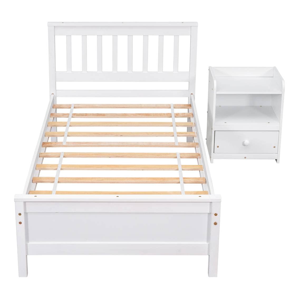 Twin Bed with Headboard and Footboard for Kids with a Nightstand White