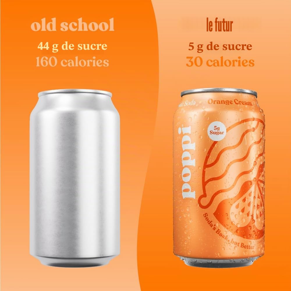 Poppi Tingling Lot de 12 boissons prébiotiques au vinaigre de cidre de pomme, eau de Seltzer et jus de fruits, saveur crème d'orange, 355 ml