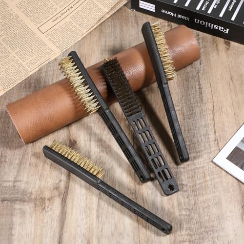 Image of Ptwola 4 Pcs Heavy Duty Cleaning Rust Descaling Hand Brush Tool Shoe Scratch with Long Plastic Contoured Handle Scratch Brush Wire Brushes for Dirt Before Welding Dust Paint Scrubbing Bowling