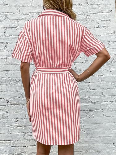 ebossy Women's Boho Striped Shirt Dress Button Up Contrast Color Swing A Line Mid Long Dress with Belt4