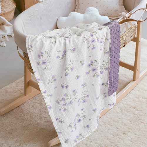 Image of BOPRIO Baby Blankets for Unisex Boys Girls Super Soft Nursery Minky Blankets with Breathable Muslin Cotton Front and 3D Touch Dotted Fleece Backing, Floral Printed Bed Throws Newborn 30 x 40 Inch