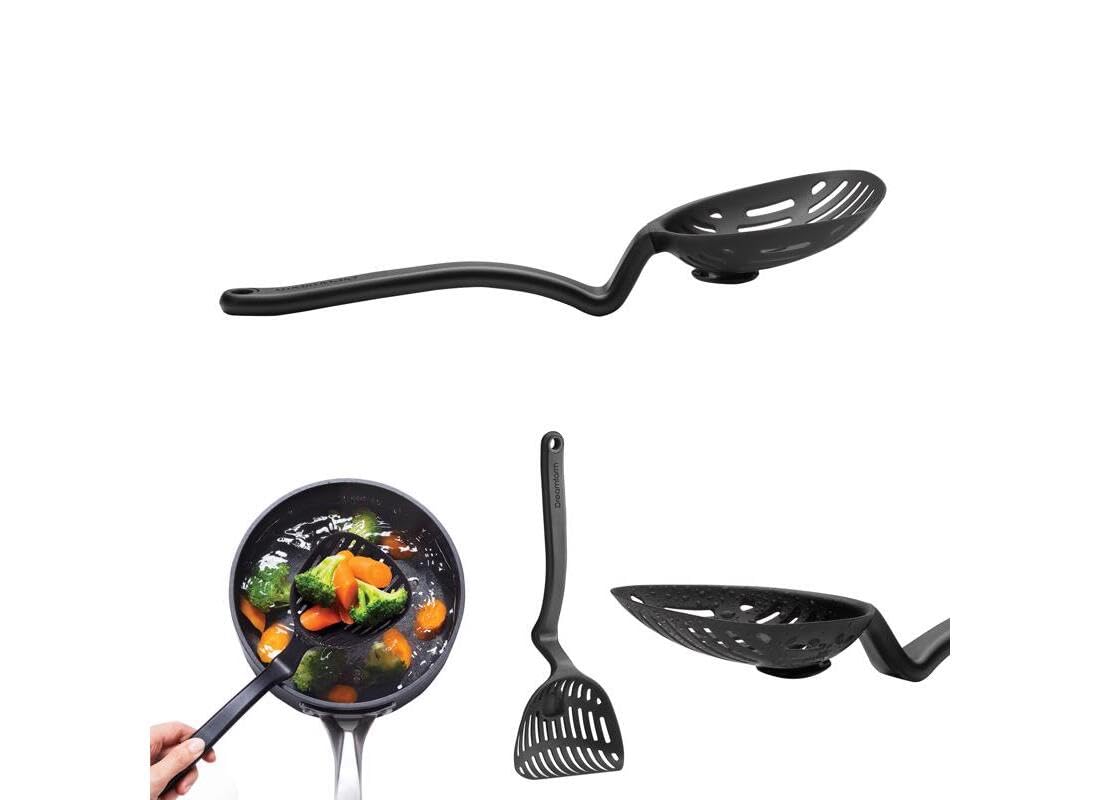 Dreamfarm Lestrain 2-In-1 Cucchiaio forato da Cucina con meccanismo Raccogligocce - 11" Nero