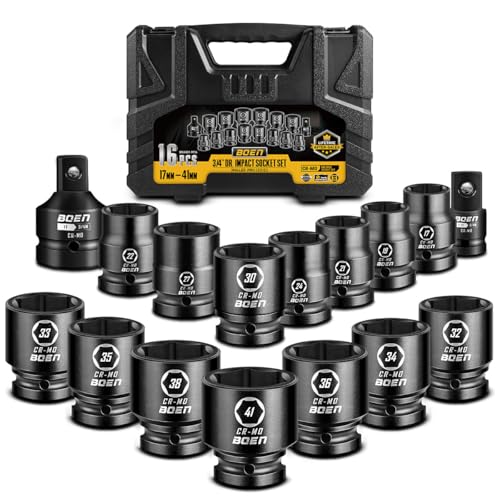 boen 3/4 Drive Metric Socket Set 17mm - 41mm Large Impact Sockets 6-Point CR-MO Steel Rugged Construction 16PCS with a Storage Case for Large Vehicle and Machinery Maintenance