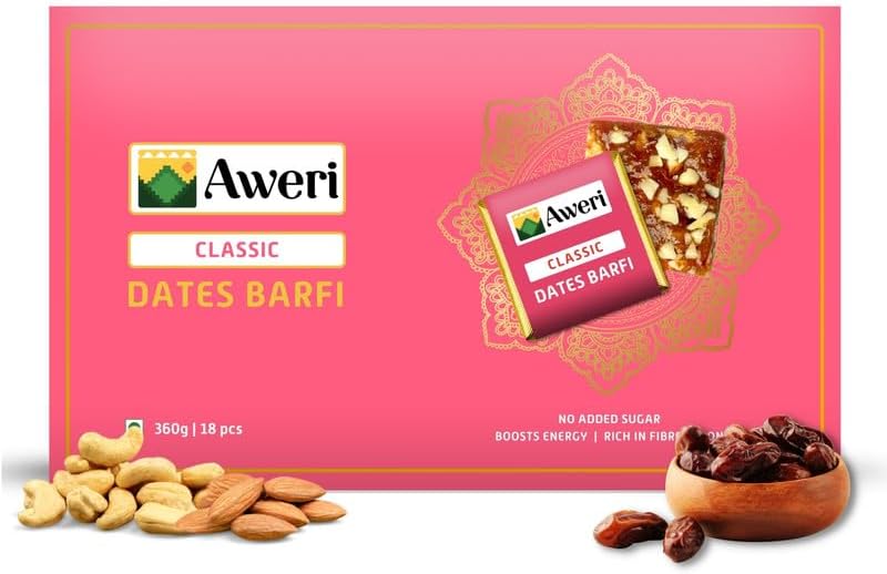 Aweri Classic Dates Barfi (360 Gram) | No Added Sugar | Healthy Date Bites | Dry Fruit Barfi | Dates, Almonds, Cashews, Ghee | Indian Sweet Mithai | Dry Fruits & Nut Gifts | Khajoor Barfi | Date Chikki