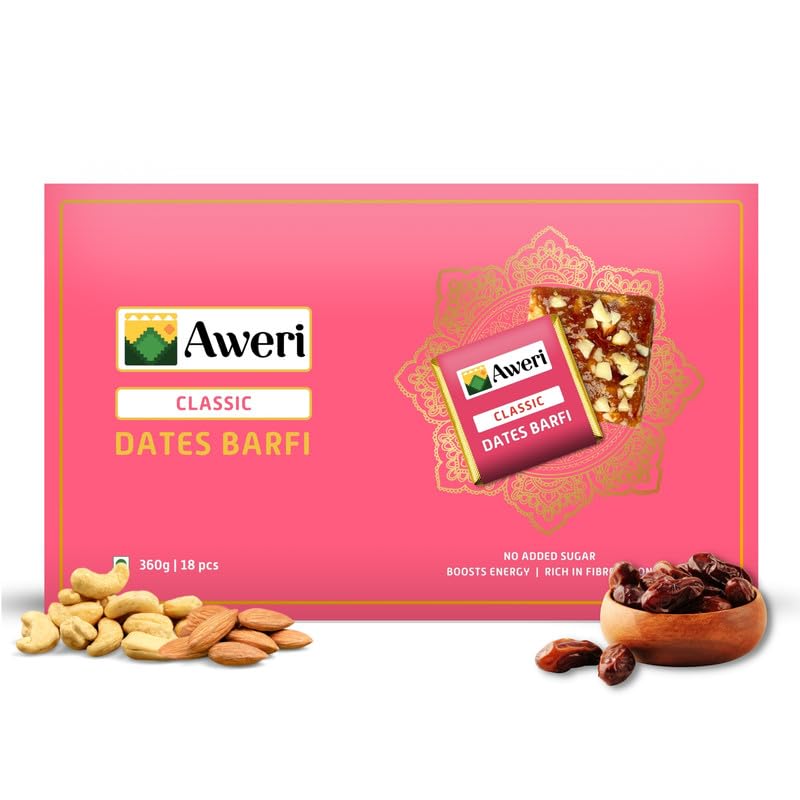 Aweri Dates Barfi Classic Indian Sweet Mithai Gift Pack with Dry Fruits, Almonds, Cashews and Ghee, No Added Sugar, 360 Gram