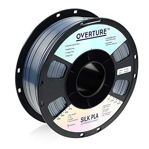 OVERTURE Silk Filament PLA 1.75mm Clog-Free Shiny 3D Printer Consumables, 1kg Spool (2.2lbs), Dimensional Accuracy 99% Probability +/- 0.03mm, Fit Most FDM Printer, Silk Gray