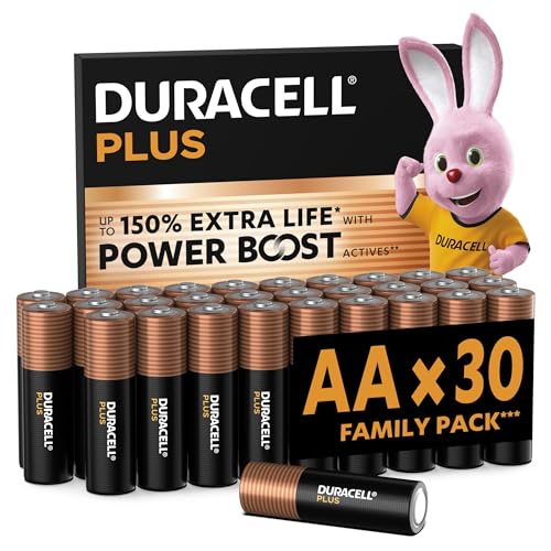 DURACELL Plus Pilas AA (Paquete de 30) – Pilas alcalinas 1,5 V – hasta un 150% de duración Extra con Activos Power Boost–Fiabilidad para Dispositivos cotidianos–Envase con 0% de plástico–MN1500