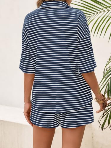 Image of Tankaneo Womens Striped 2 Piece Sets Short Sleeve Lounge Set | Button Down, Waffle Knit, Pajama Lounge Set, Summer Outfits