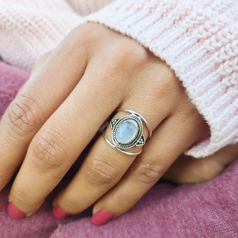 S925 Sterling Silver Moonstone Ring for Women Grils 18K White Gold Vintage Rainbow Moonstone Rings...