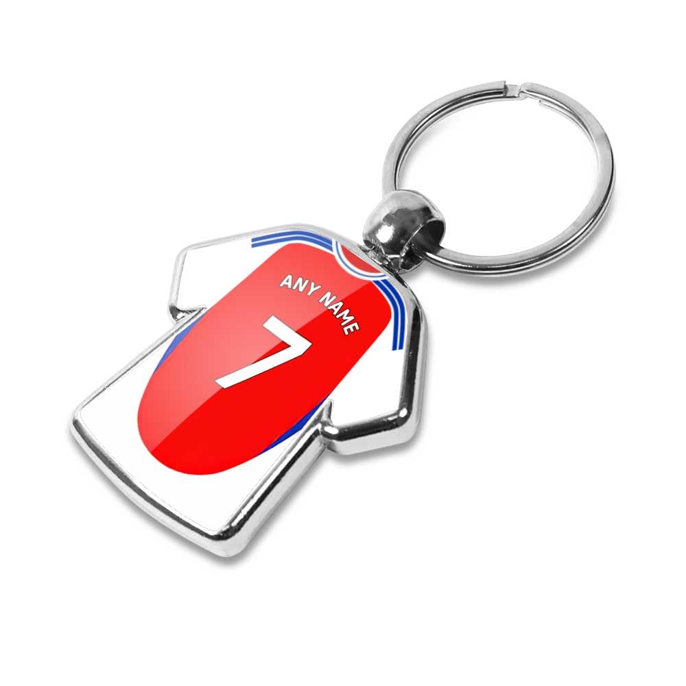 Graphics 'n' Tees Personalised football keyring suitable for Arsenal fans, featuring the 24/25 team shirt design, personalise with any name and number