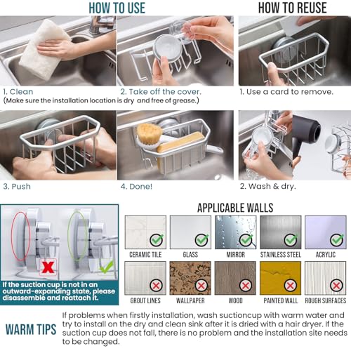 Image of TAILI Sponge Holder for Kitchen Sink with Strong Suction Cup-Silver