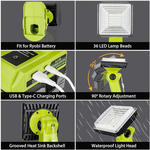 Image of 25W 2000LM Cordless LED Work Light Compatible with Ryobi One 18V Battery Portable Flood Lights for Outdoor Indoor Workshop Job Site, LED Floodlight with Pivoting Head /USB Port(No Battery)