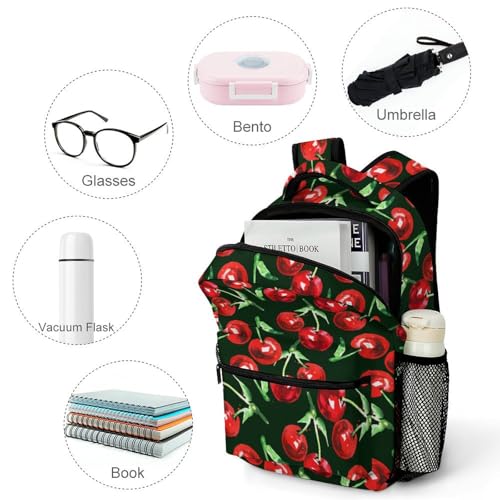 Cherry Watercolor Lightweight Travel Backpack With Zipped Front Pocket Printed Laptop Bag Fashion Casual Daypack For Work, Hiking, Camping Unisex4