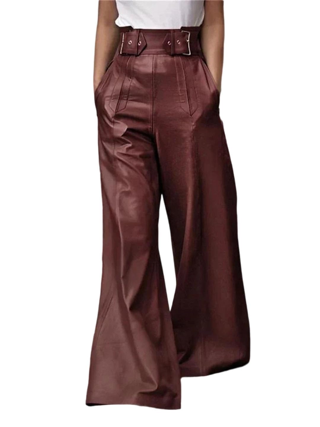 Womens Solid Color High Waist Retro Loose High Street Wide Leg Leather Pants