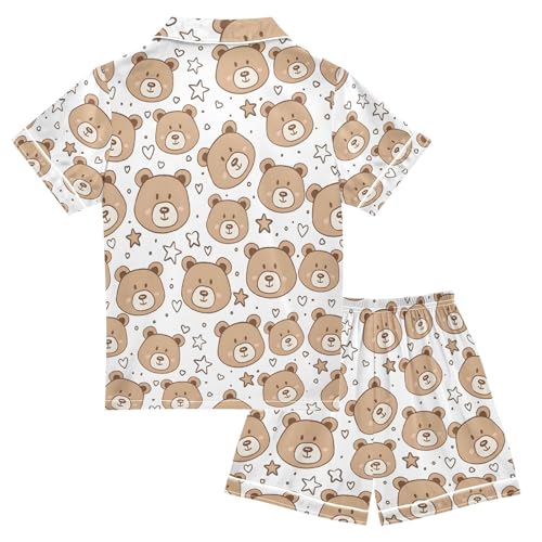 ALAZA Cute Bear Star Heart Pajamas Satin Pajama Set Short Sleeve Button Down Sleepwear2