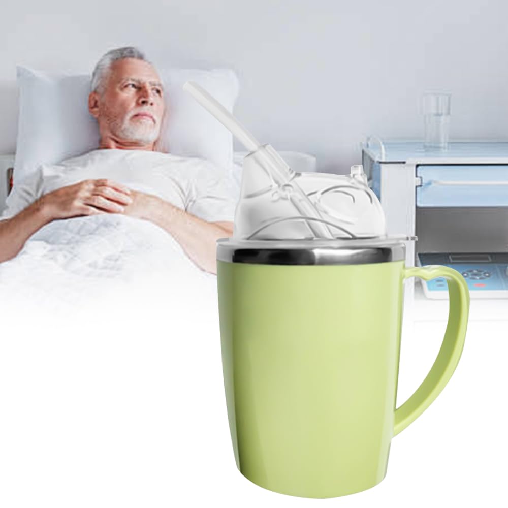 3-w-1 łyżeczka do picia dla seniorów, 350ml bezwypływkowy kubek do picia z uchwytami i 30cm słomką, stalowe kubki do dysfagii dla dorosłych z niepełnosprawnościami i starszych osób