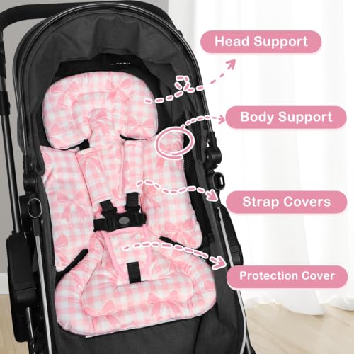Image of DILIMI Infant Car Seat Insert, Baby Car Seat Head Support with 3 Strap Paddings, Soft Newborn Car Seat Cushion for Stroller, Swing, Bouncers, Pink Bow Plaid