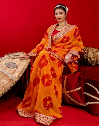 Image of SIRIL Women's Georgette Bandhani Printed Embroidery Lace Saree With Unstitched Blouse Piece