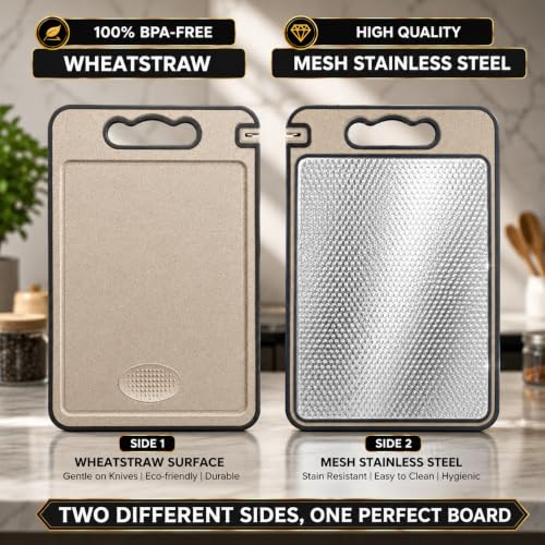Image of 3 in 1 Double Sided Chopping Board with Built-in Knife Sharpener Garlic Grater Non-Slip Edges Reversible 304 Stainless Steel Scratch Resistant Mesh Cutting Boards for Vegetable Meat - (14.4 inch x 9.8 inch)