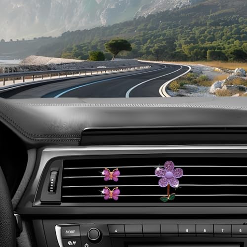 Image of 3PCS Bling Car Air Vent Clips, Butterfly Flower Rhinestone Vehicle Conditioning Outlet Clamps, Diamond Vent Clip Charm Decoration for Women Girls, Universal Automotive Accessories (Purple)