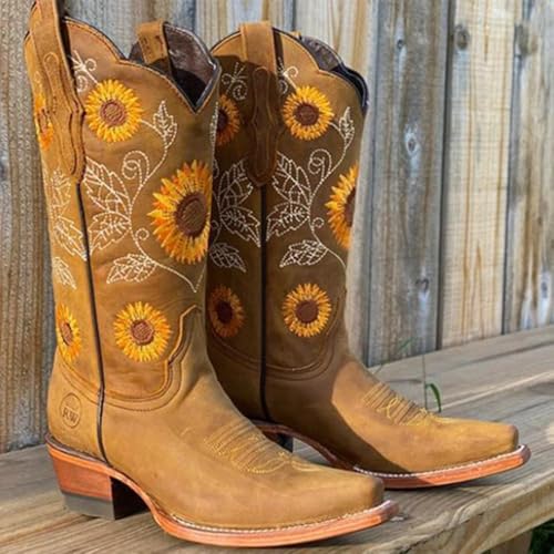 Cowboy Boots for Women - Embroidery Sunflower Mid Calf Cowgirl Pull-On Pointy Toe Lightweight Breathable Leather Retro Comfort Wear Non Slip Heel with Arch Support2